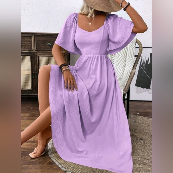 Women's Square Neckline Puff Sleeve Backless Dress With Bow Knot Maxi Vacation - Picture 1 of 4